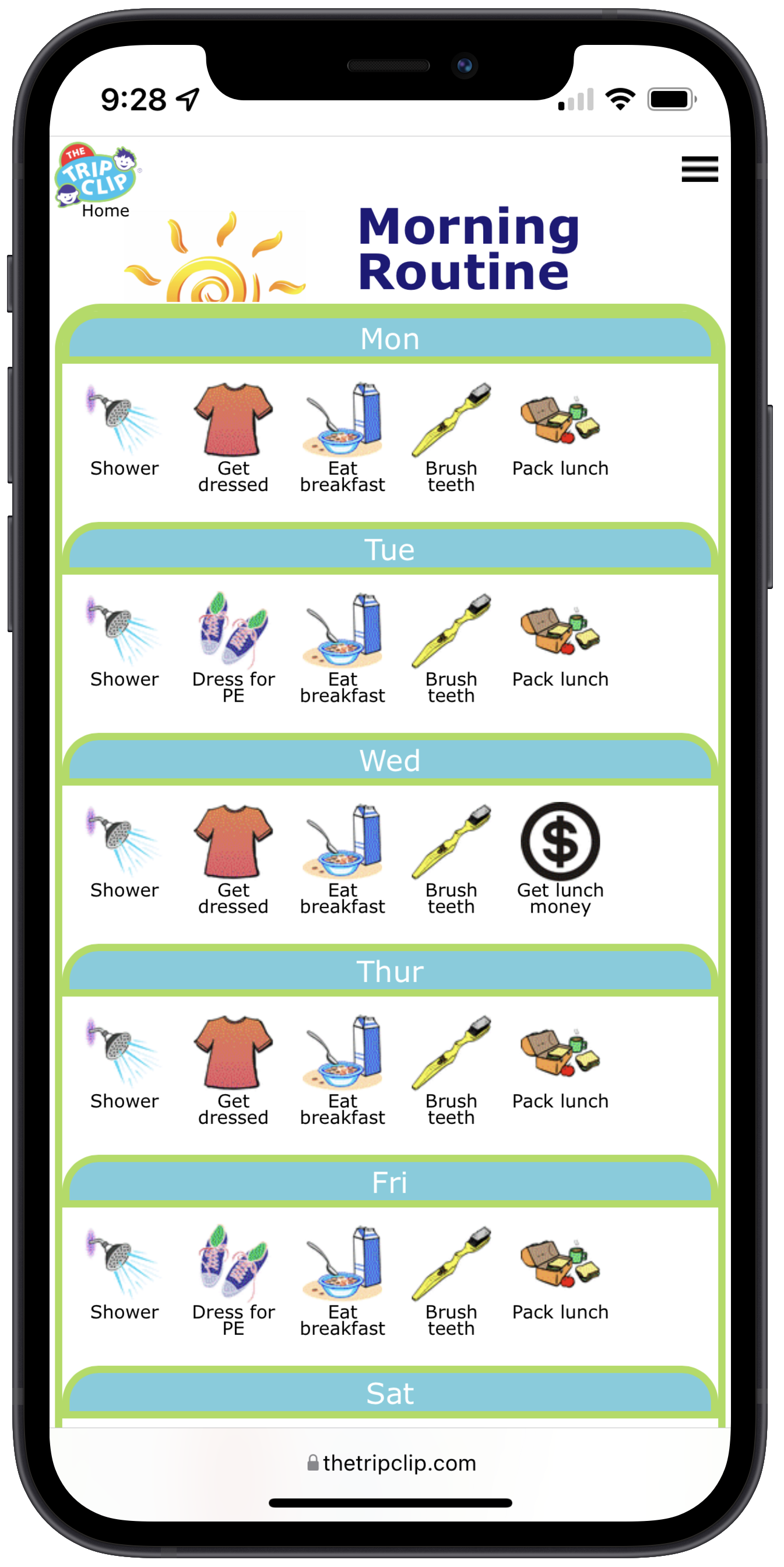 Morning routine picture checklist for kids on an iphone